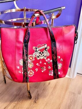 Ed Hardy Red Vegan Leather Weekender Tote w/ Ed Hardy Charm-Love Kills Slowly